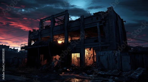 An abandoned building at dusk, with broken windows and doors ajar, creating a sense of foreboding and terror. The sky above the building is open and less detailed, ideal for text placement.