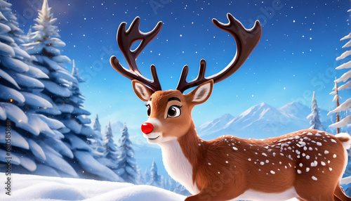 A deer with a red nose and pretty eyes is walking in the forest, Generative Ai © feelsogood