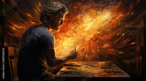 An artist painting, with the canvas glowing brightly, drawing the viewer's eye directly to the intense focus of the artist