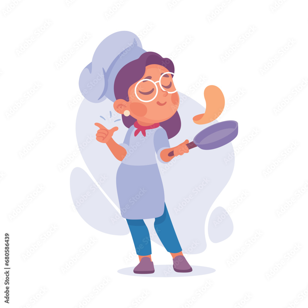 Girl Cook or Chef Character in Uniform Frying Pancake Vector Illustration