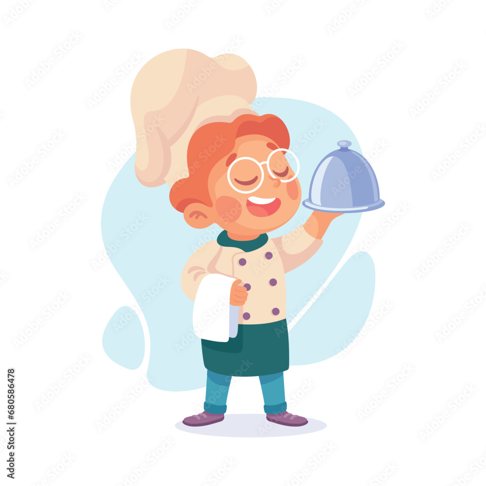 Fototapeta premium Boy Cook or Chef Character in Uniform Holding Dish Tray Vector Illustration