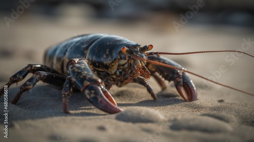 Live crayfish on the beach, close-up, selective focus. Wildlife concept.