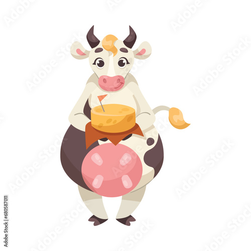 Funny Cow Character with Udder and Spotted Body Hold Cheese Vector Illustration