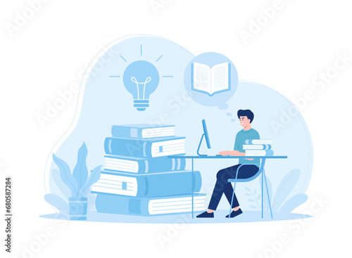 A man reading a book and browsing concept flat illustration