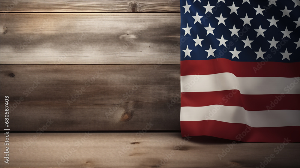 Obraz premium United States National Holidays. American or USA Flag with copy space on wood background, President Day concept