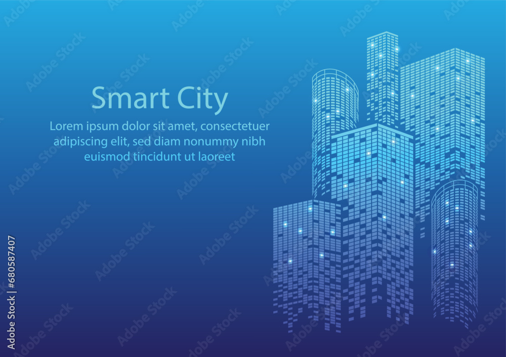 Isometric smart city design. Building geometric shape on blue light background. Technology tower concept. Flat vector illustration.