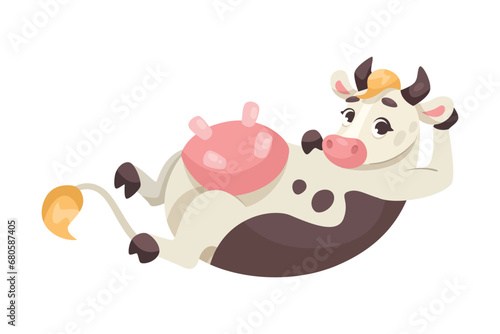 Funny Cow Character with Udder and Spotted Body Lying Vector Illustration