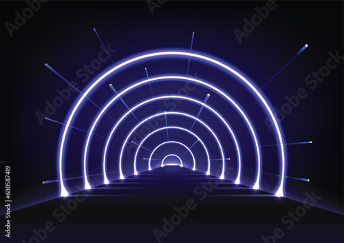 Radial blue neon light on stage background for, Advertisement business agency, ads campaign marketing, e commerce signs retail shopping, Advertising business. Flat Vector illustration.