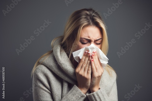 Sick young woman, with wrinkled nose, blowing her nose and fever, caught a cold, sneezing in tissue, sick allergic girl with allergy symptoms, coughing at home, flu concept. Viral infection