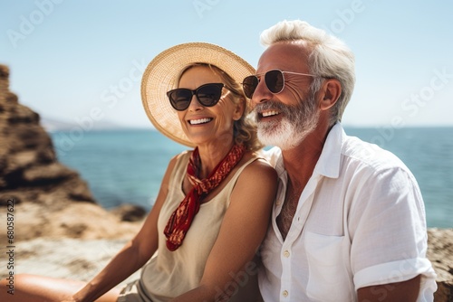 Elderly man and woman smiling at the camera on the beach