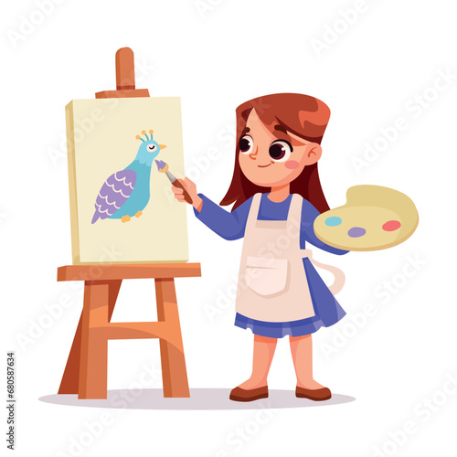 Little Girl Drawing Bird with Easel Have Creative Pursuit Enjoy Recreation Vector Illustration