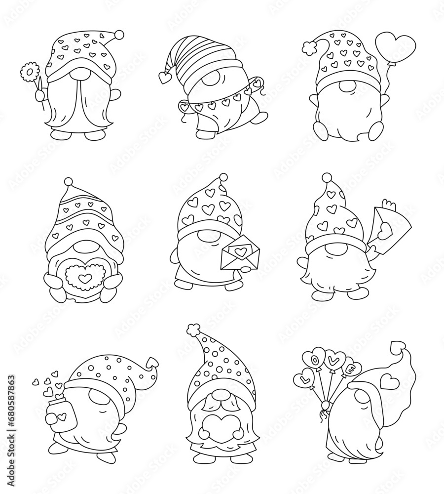 Cute love gnomes cartoon characters. Coloring Page. Funny romantic elf with hearts, gifts, flowers for Valentines Day and Mothers Day. Hand drawn style. Vector drawing. Cute love gnomes cartoon characters. Coloring Page. Funny romantic elf with hearts, gifts, flowers for Valentines Day and Mothers Day. Hand drawn style. Vector drawing.
