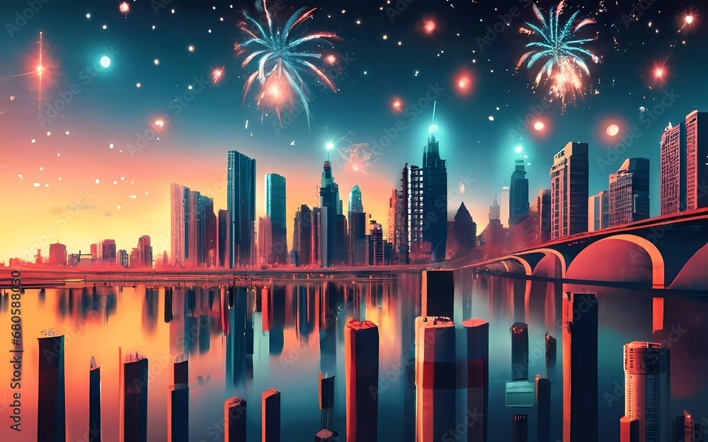 Happy New Year: Sky-high Spectacle - Ringing in 2024 with Glittering Skyscrapers in Celebration! Background, Pattern, Wallpaper, Vector