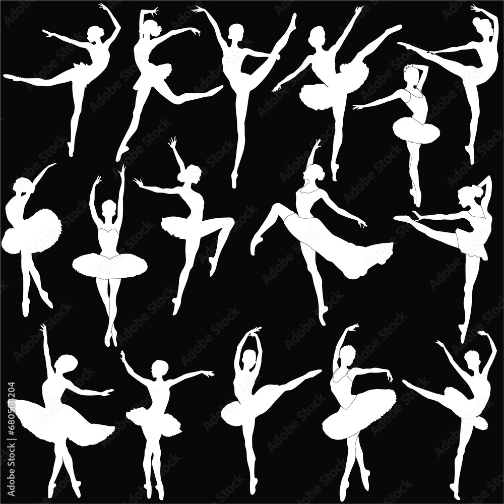 sixteen ballet dancer silhouettes on black background sixteen ballet dancer silhouettes on black background