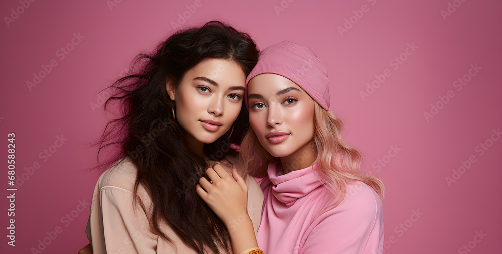 Multiracial lesbian couple hugging and together on pink background. Caucasian woman and Asian woman, multiracial models. Female friends or female couple together.