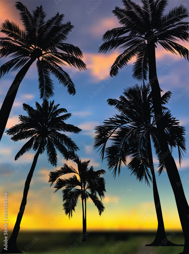 five palm black trees on sunset background
