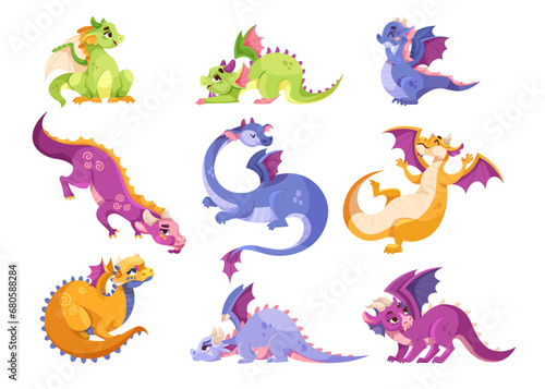 Fairy Baby Dragon as Winged and Horned Legendary Creature Vector Set