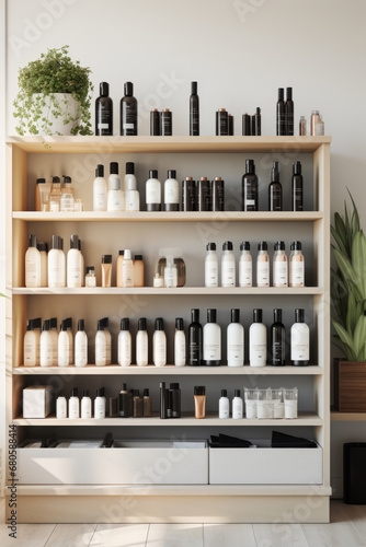Hair salon with shelves filled with various hair care products. Generative AI