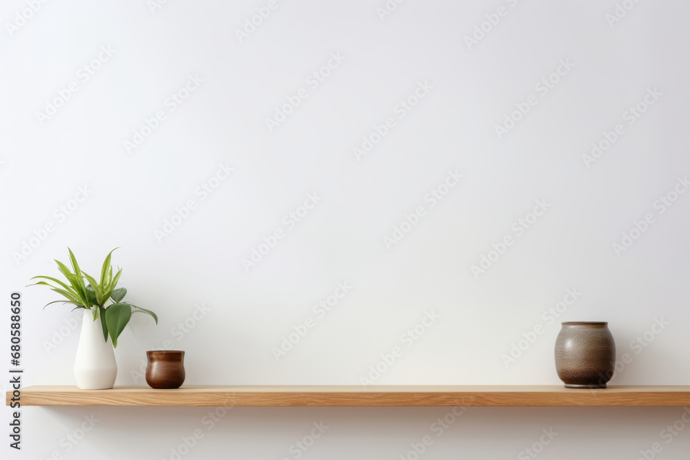 Wood floating shelf with plants and vases on white wall. Interior design of modern living room. Generative AI Wood floating shelf with plants and vases on white wall. Interior design of modern living room. Generative AI