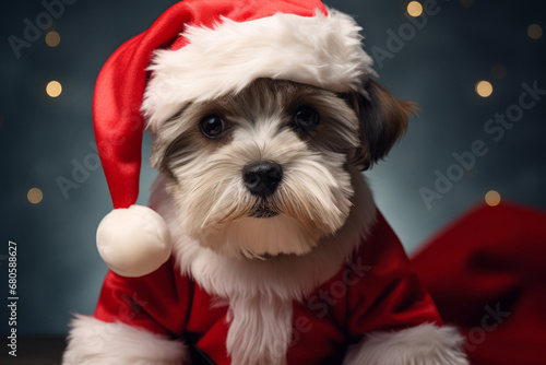 Dog with winter clothes like Santa Claus. Christmas style hat and sweater
