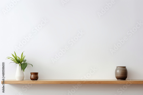 Wood floating shelf with plants and vases on white wall. Interior design of modern living room. Generative AI photo