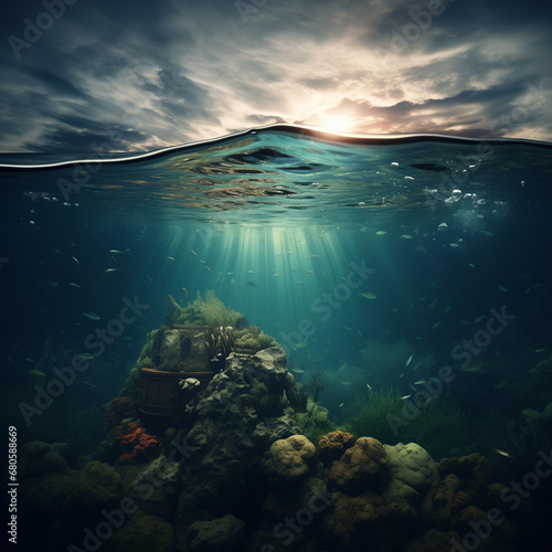 underwater landscape against a background of clouds, sun rays break through the transparent water