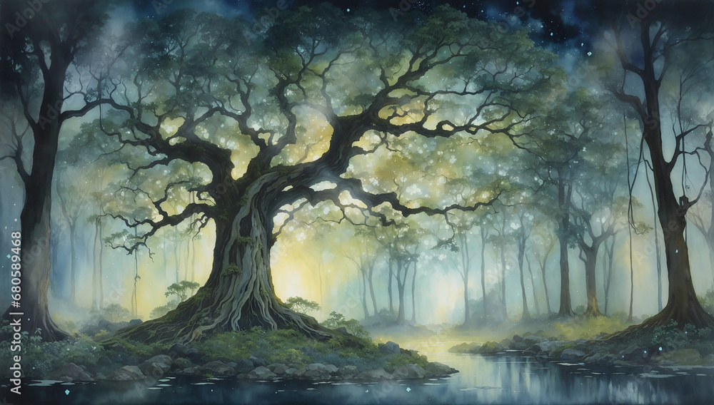 A mystical forest at twilight, where ancient oak trees stand tall - AI ...