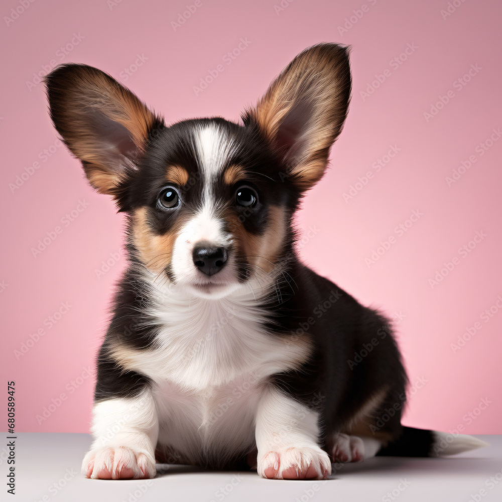 puppy welsh corgi cardigan, pink studio background. dog, pet.