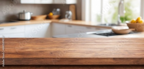 Wallpaper Mural Wooden table on blurred kitchen bench background. Empty wooden table and blurred kitchen background for display or montage your products Torontodigital.ca