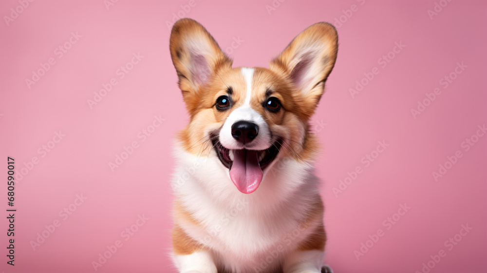 smiling welsh corgi pembroke, pink background. cheerful dog, pet. adult animal. smiling welsh corgi pembroke, pink background. cheerful dog, pet. adult animal.