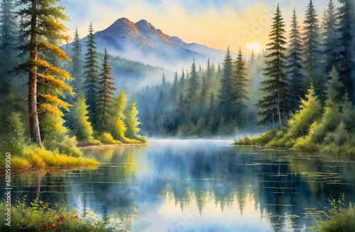 Beautiful watercolor painting of a lake with trees and mountains. Generative ai © designermetin