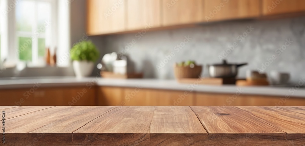 Wooden table on blurred kitchen bench background. Empty wooden table and blurred kitchen background for display or montage your products Wooden table on blurred kitchen bench background. Empty wooden table and blurred kitchen background for display or montage your products