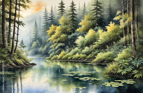 Watercolor painting of a river in the forest illustration. Generative ai