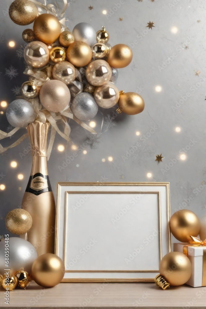 champagne bottle and golden christmas ball, Christmas mockup card with golden balls