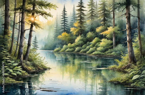 Watercolor illustration of a river in the forest. Generative ai