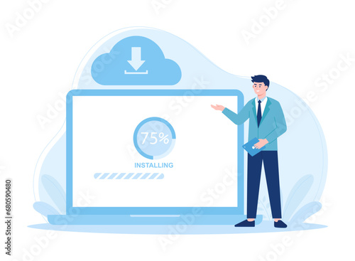 A man is installing apps on a laptop concept flat illustration