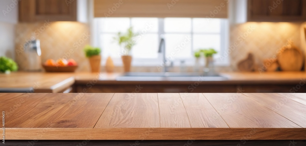 Wooden table on blurred kitchen bench background. Empty wooden table and blurred kitchen background for display or montage your products Wooden table on blurred kitchen bench background. Empty wooden table and blurred kitchen background for display or montage your products
