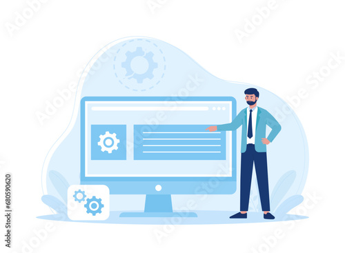 A man is checking a device for repairs concept flat illustration