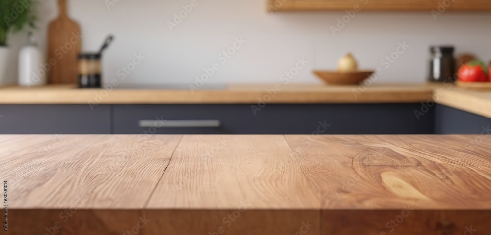 Wooden table on blurred kitchen bench background. Empty wooden table and blurred kitchen background for display or montage your products Wooden table on blurred kitchen bench background. Empty wooden table and blurred kitchen background for display or montage your products