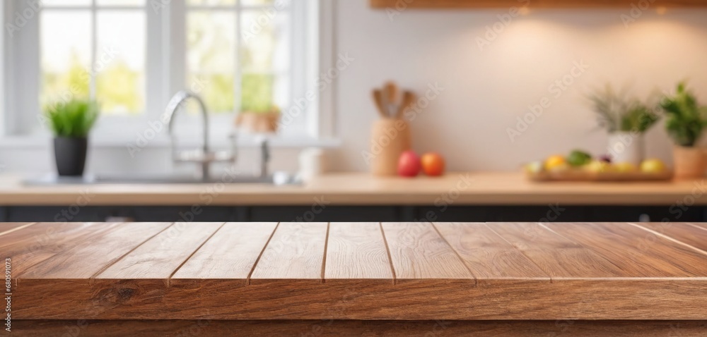 Wooden table on blurred kitchen bench background. Empty wooden table and blurred kitchen background for display or montage your products Wooden table on blurred kitchen bench background. Empty wooden table and blurred kitchen background for display or montage your products