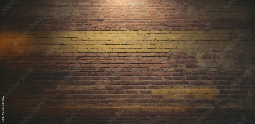 Old grunge and rustic pastel yellow brick wall. Sign. logo or product placement concept background. Advertisement idea. Copy space. - obrazy, fototapety, plakaty 