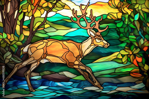 Hirsch - Glasmalerei Mosaik von Tieren am Teich - buntes Tiffany Glas