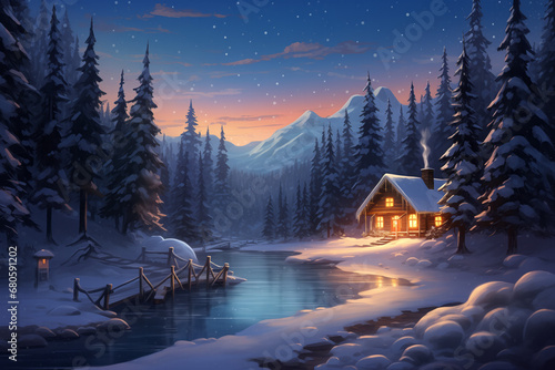 Winter landscape with a wooden cabin by a river in a snow covered forest at night photo