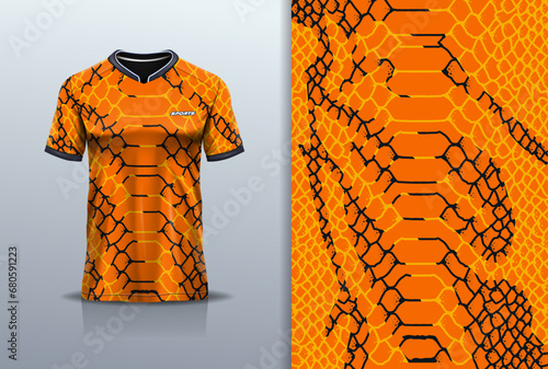 T-shirt mockup with abstract snake skin jersey design for football, soccer, racing, esports, running, in orange color