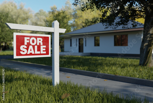 Home for sale sign in front of upper scale property with a lush front yard.