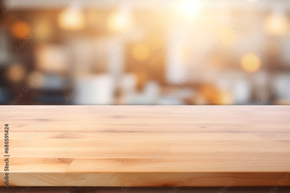 A wooden table, its surface highlighted against a blurred kitchen scene, offers an excellent platform for product montages or design concepts. Created with generative AI tools