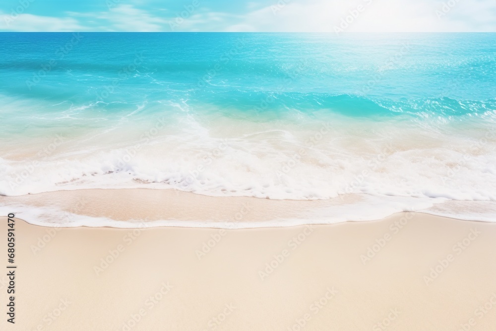 An abstract beach setting adorned with radiant sunlight and tranquil turquoise waves—an background concept for an idyllic seaside resort, space for text or product. Created with generative AI tools