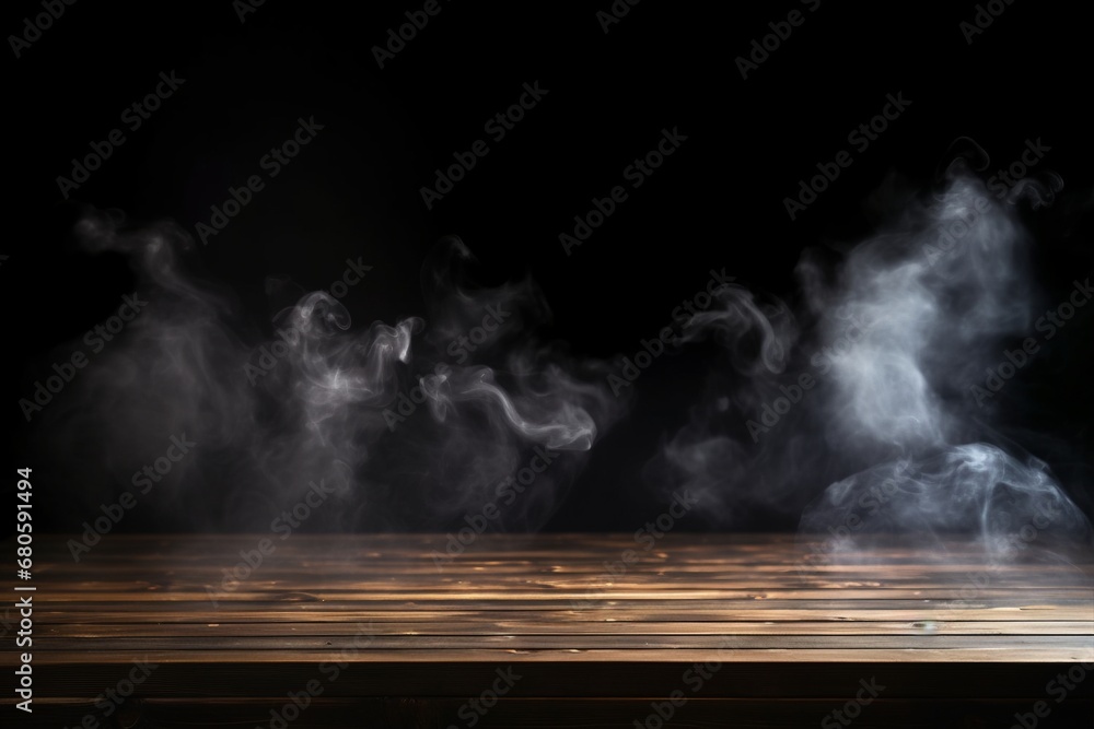 A dark setting complements an empty wooden table with ethereal smoke trails, perfect for presenting your products. Created with generative AI tools