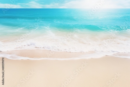 An abstract beach setting adorned with radiant sunlight and tranquil turquoise waves   an background concept for an idyllic seaside resort  space for text or product. Created with generative AI tools