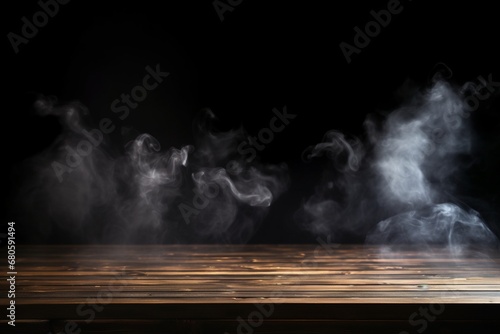 A dark setting complements an empty wooden table with ethereal smoke trails, perfect for presenting your products. Created with generative AI tools
